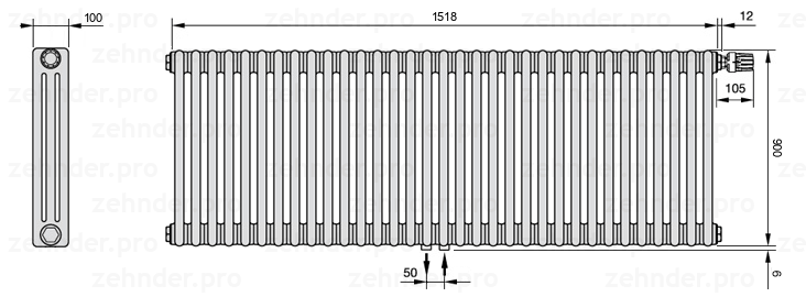 Схема (чертеж) Радиатор Zehnder Charleston 3090/33 №V008 Белый глянцевый RAL 9016